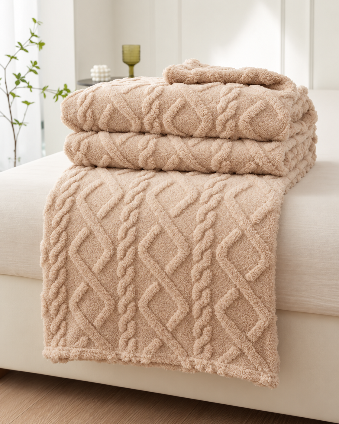 Geometric Coral Fleece Throw Blanket – Soft Textured Sofa & Bed Throw