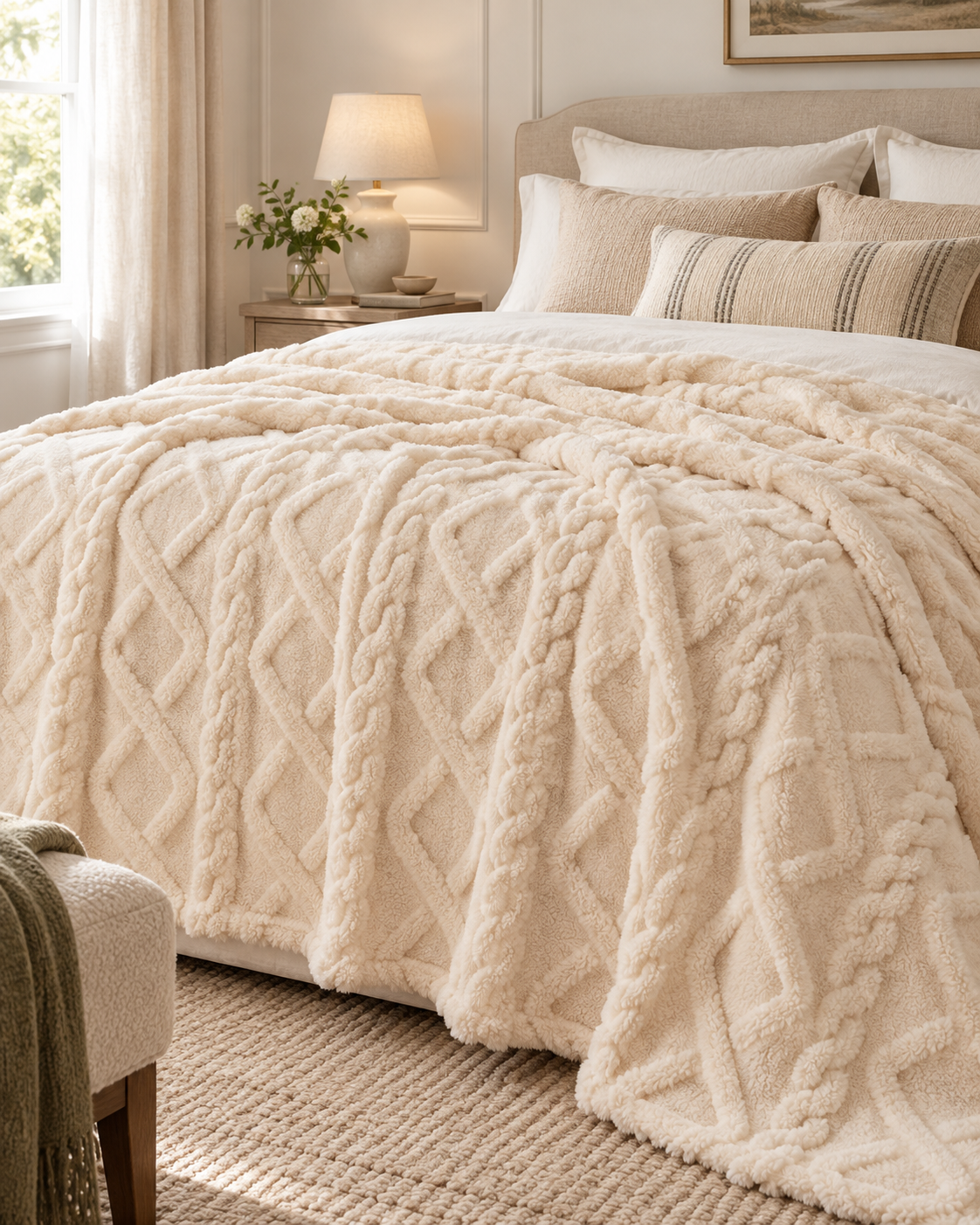 Geometric Coral Fleece Throw Blanket – Soft Textured Sofa & Bed Throw
