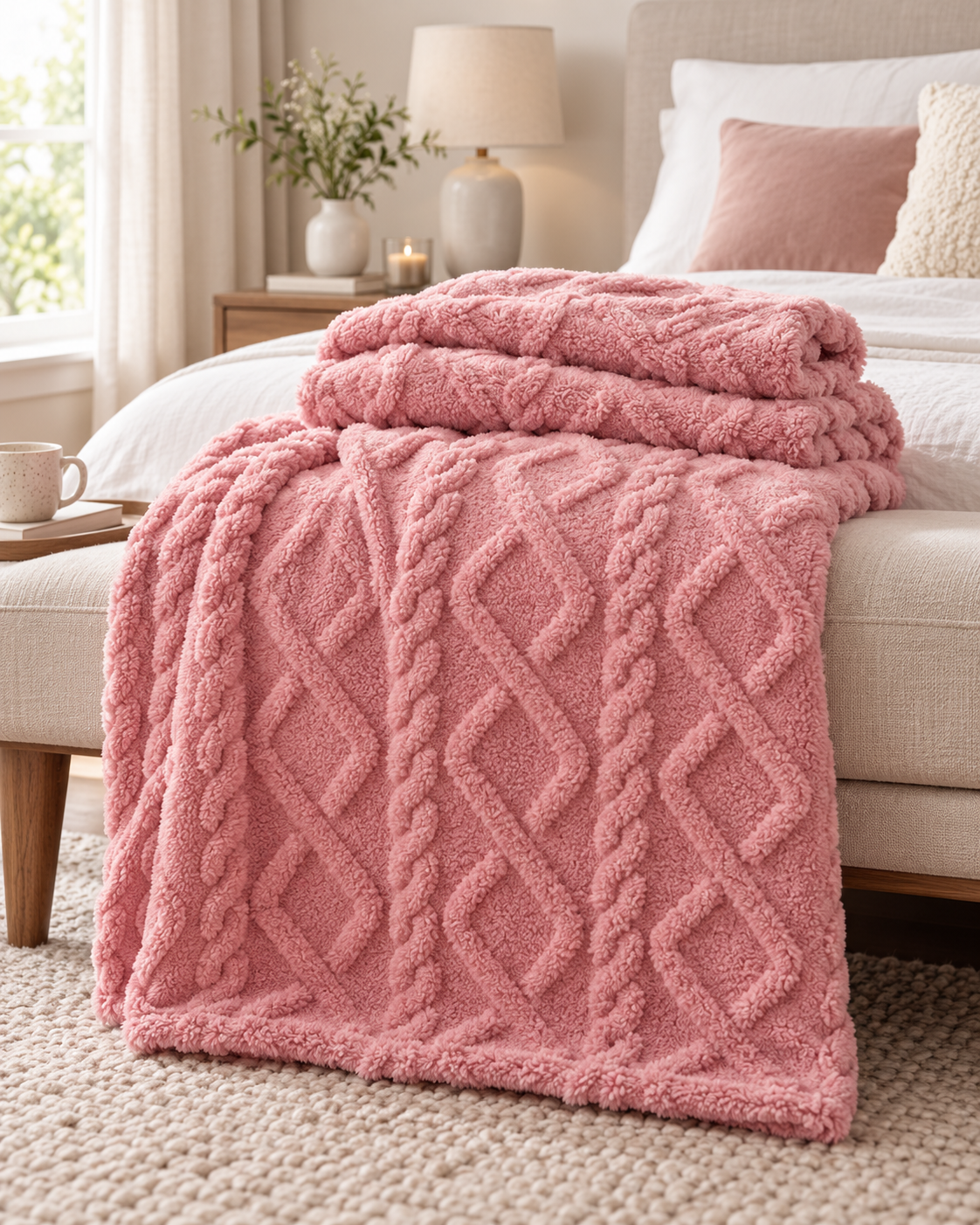 Geometric Coral Fleece Throw Blanket – Soft Textured Sofa & Bed Throw