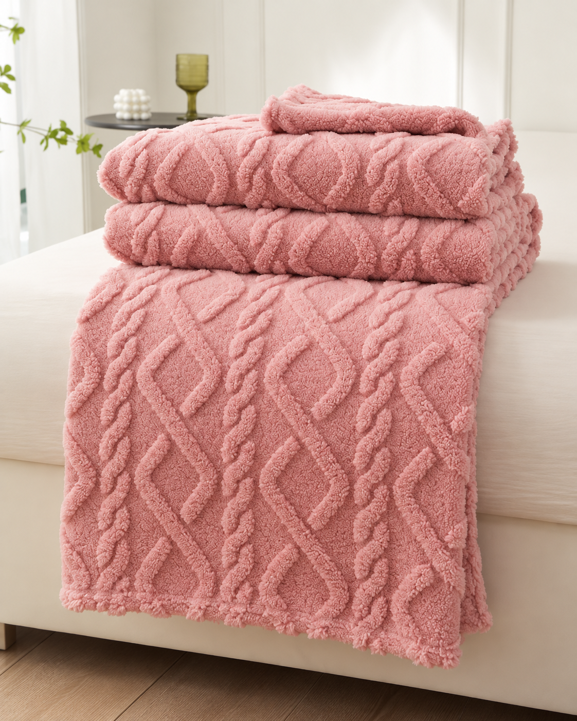 Geometric Coral Fleece Throw Blanket – Soft Textured Sofa & Bed Throw