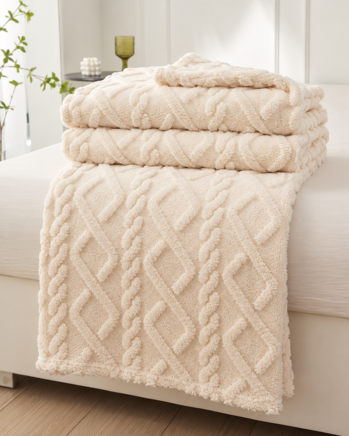Geometric Coral Fleece Throw Blanket – Soft Textured Sofa & Bed Throw