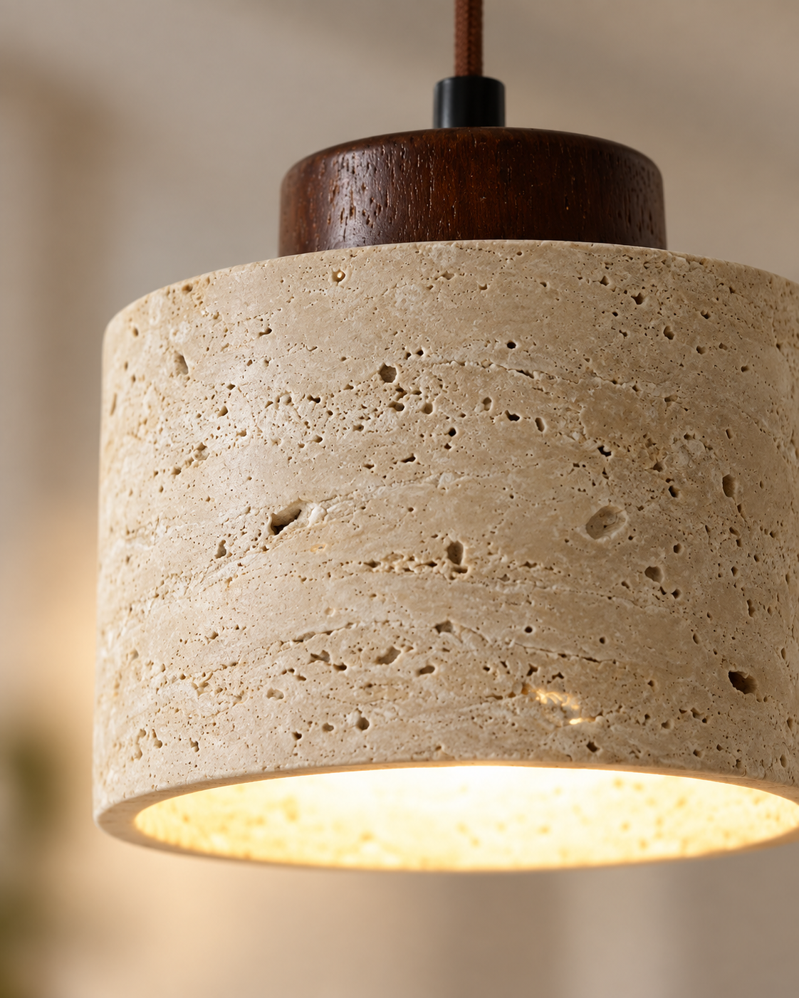 Small Beige Textured Pendant Light with Brown Cord