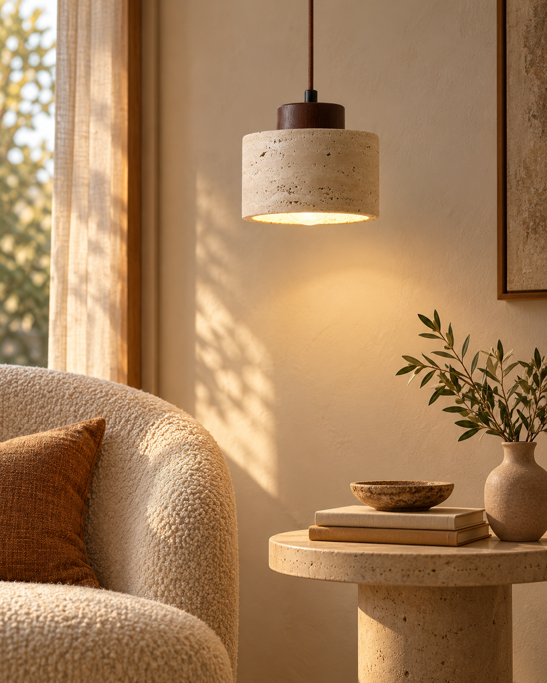Small Beige Textured Pendant Light with Brown Cord