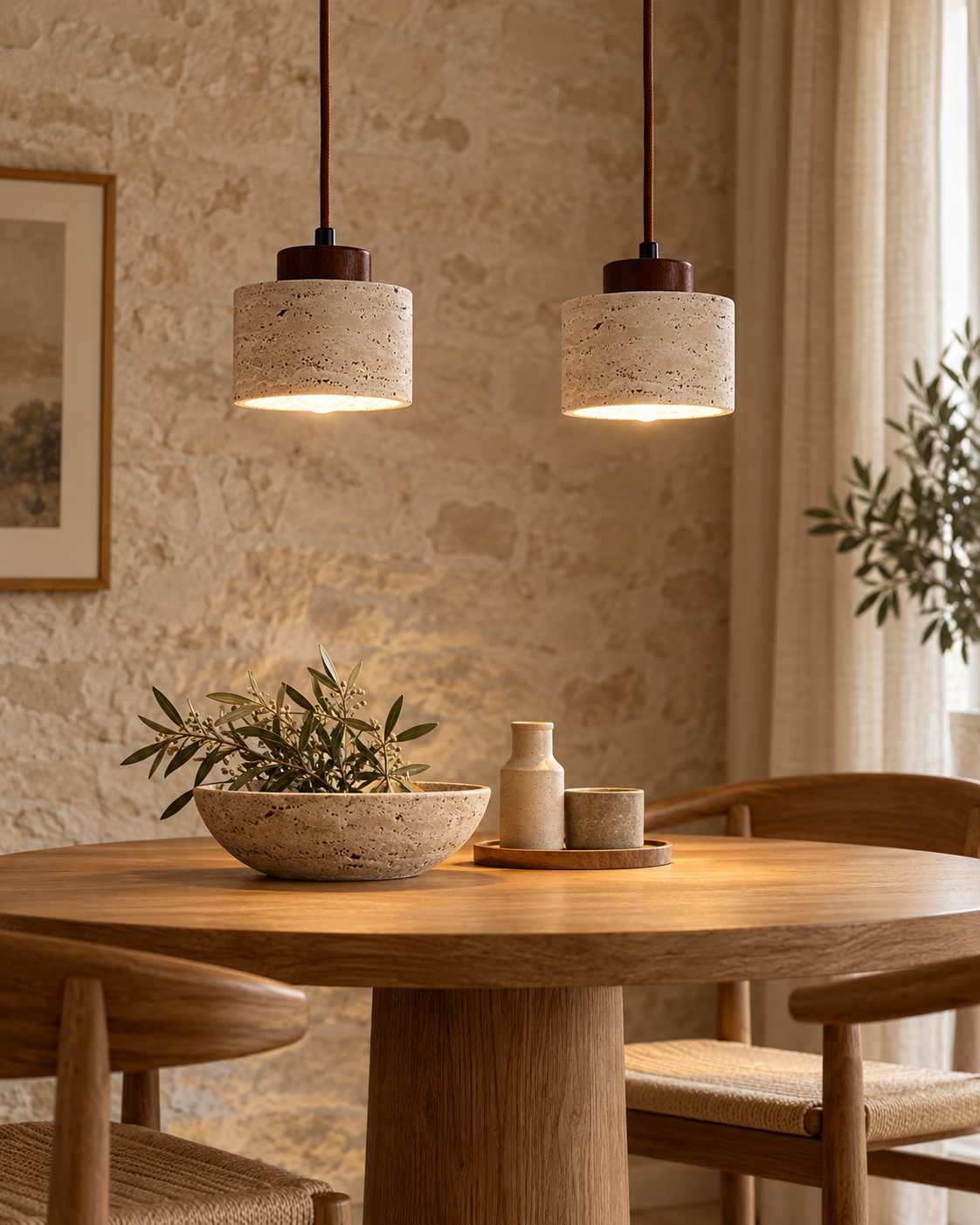 Small Beige Textured Pendant Light with Brown Cord