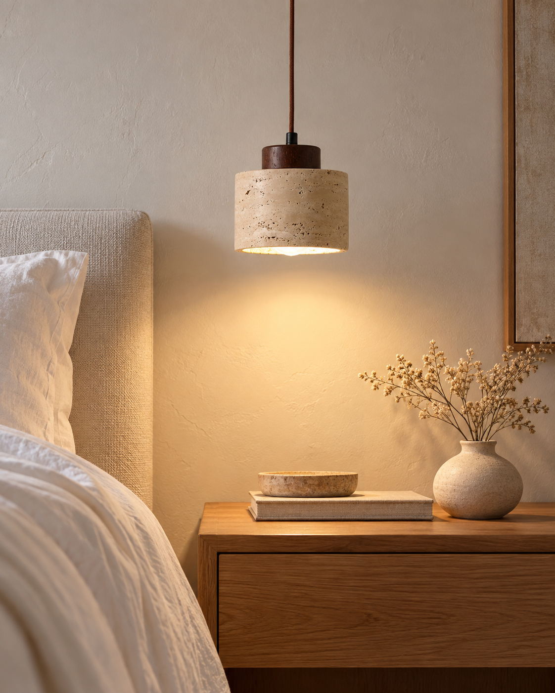Small Beige Textured Pendant Light with Brown Cord