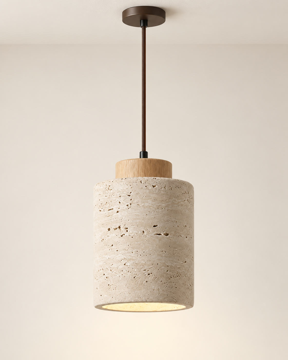 Small Stone-Look Pendant Light – Cylindrical Shade with Wooden Detail