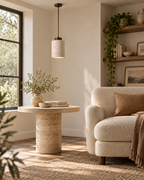 Small Stone-Look Pendant Light – Cylindrical Shade with Wooden Detail