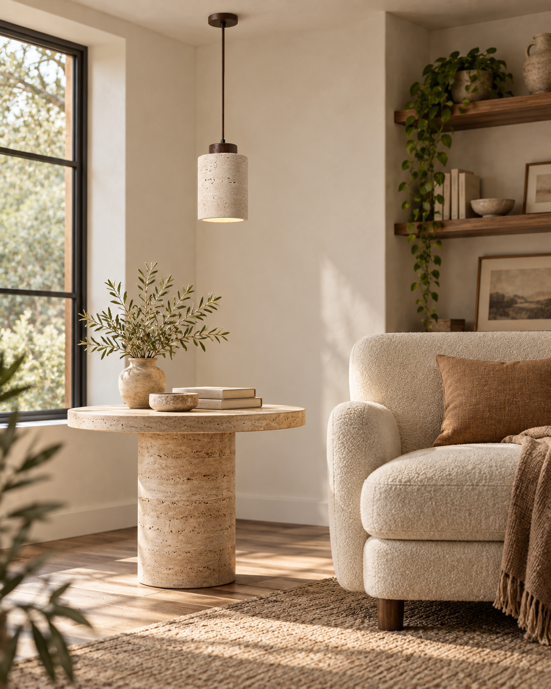 Small Stone-Look Pendant Light – Cylindrical Shade with Wooden Detail