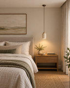 Small Stone-Look Pendant Light – Cylindrical Shade with Wooden Detail