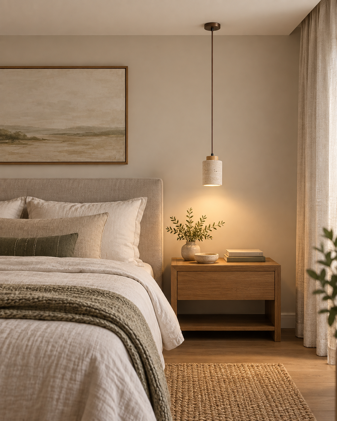 Small Stone-Look Pendant Light – Cylindrical Shade with Wooden Detail
