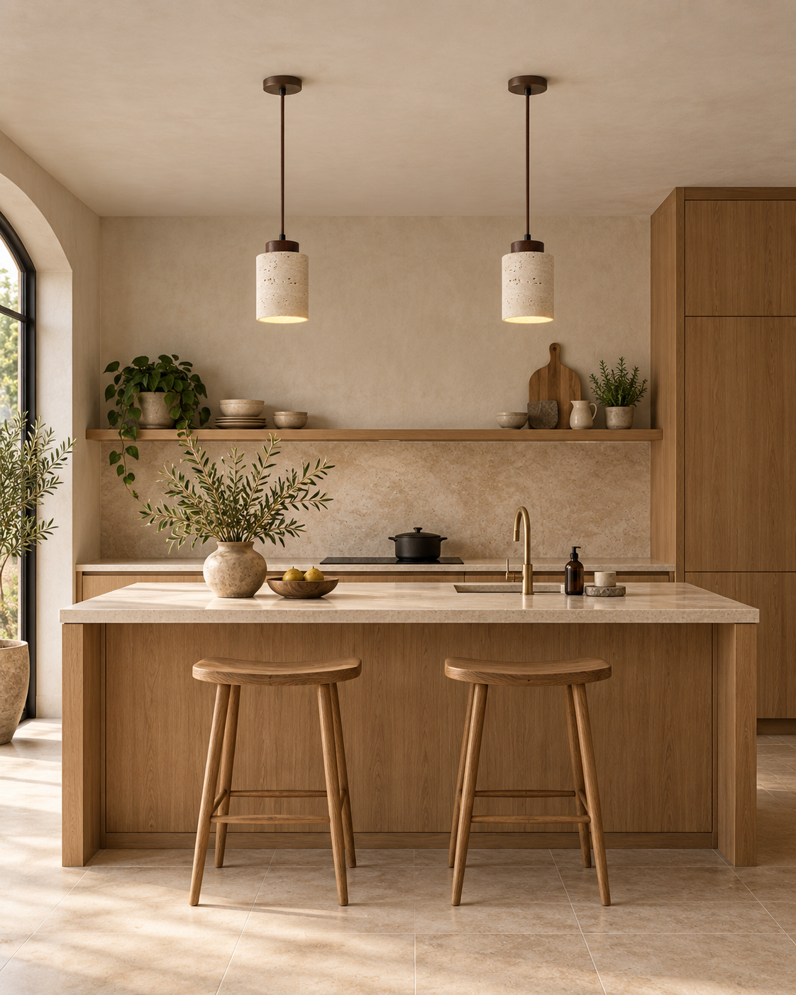 Small Stone-Look Pendant Light – Cylindrical Shade with Wooden Detail
