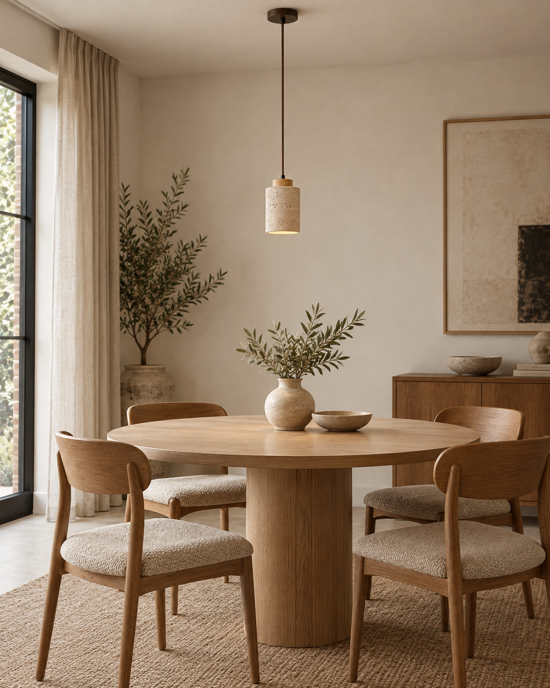 Small Stone-Look Pendant Light – Cylindrical Shade with Wooden Detail
