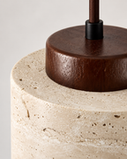 Small Stone-Look Pendant Light – Cylindrical Shade with Wooden Detail