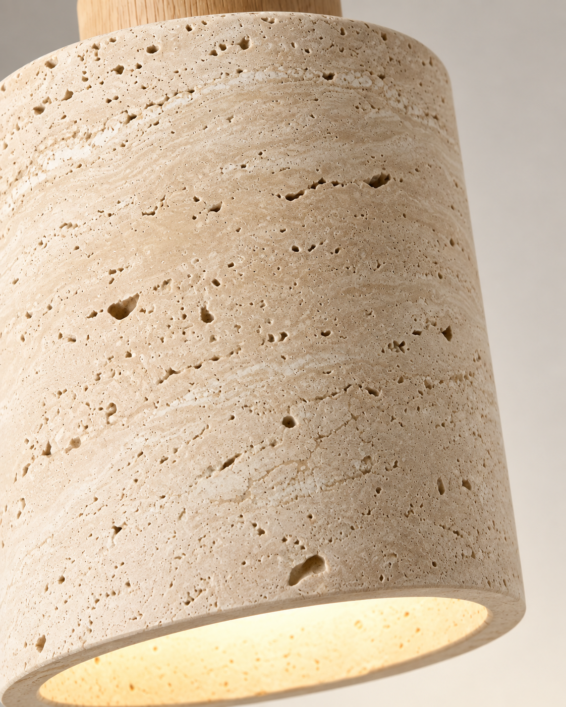 Small Stone-Look Pendant Light – Cylindrical Shade with Wooden Detail
