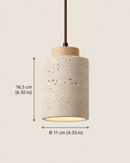 Small Stone-Look Pendant Light – Cylindrical Shade with Wooden Detail