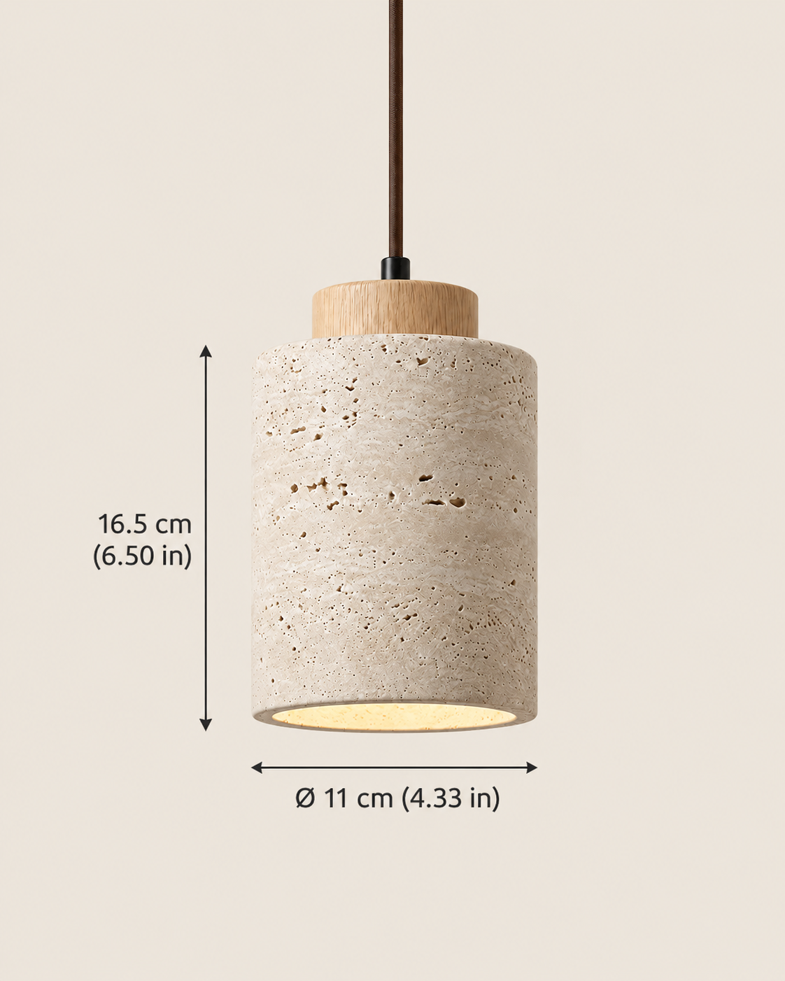 Small Stone-Look Pendant Light – Cylindrical Shade with Wooden Detail