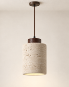 Small Stone-Look Pendant Light – Cylindrical Shade with Wooden Detail