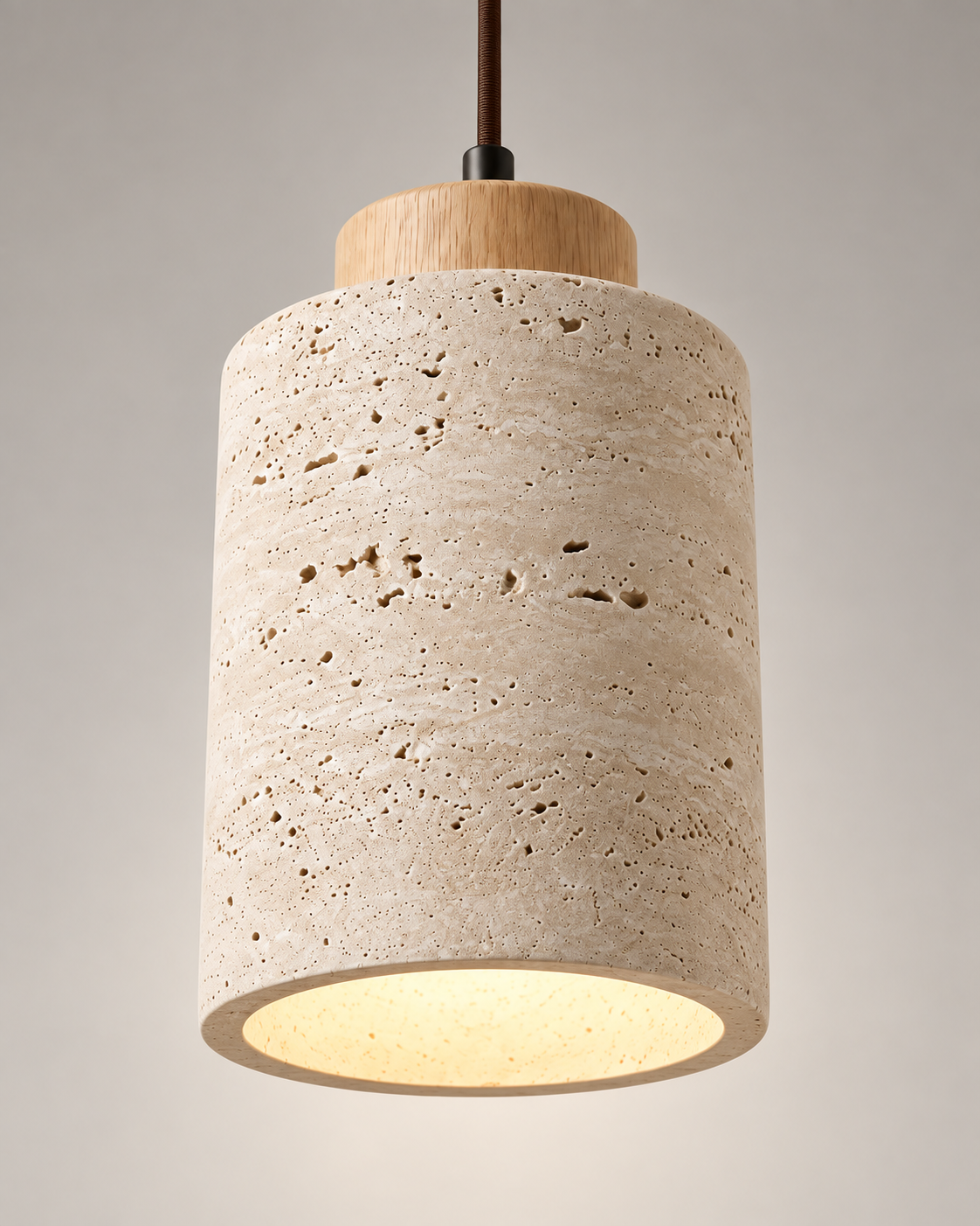 Small Stone-Look Pendant Light – Cylindrical Shade with Wooden Detail